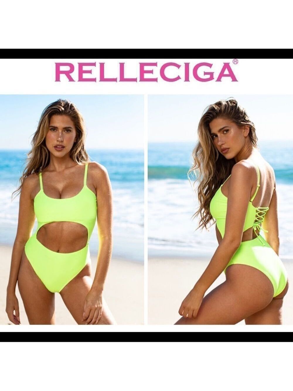 RELLECIGA High Waisted 1 Piece Swimsuit Cut Out Swimwear Neon Yellow Sz XL NWOT